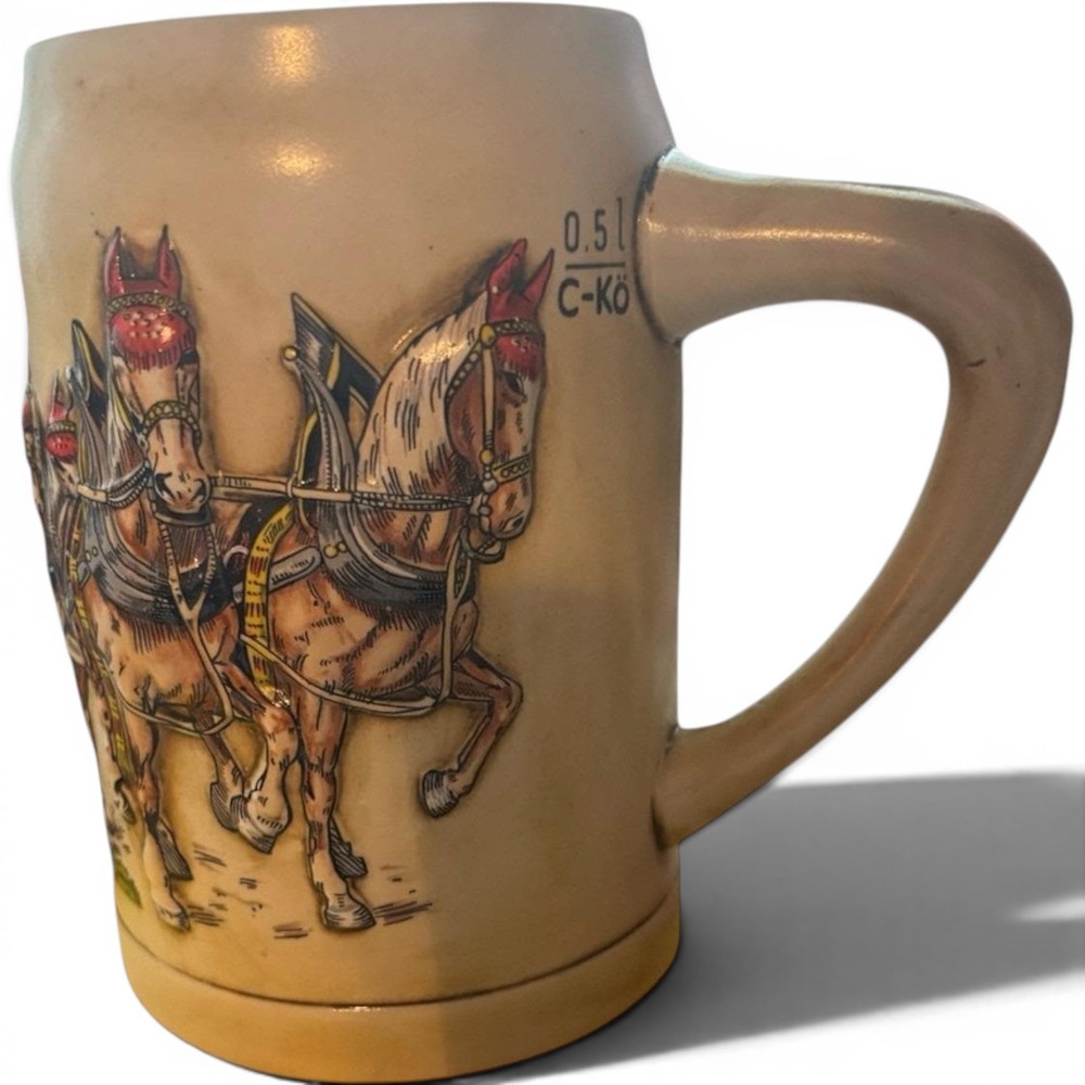 Vintage German Beer Stein 0.5L Horse Drawn Wagon Relief Ceramic Mug C-KÖ